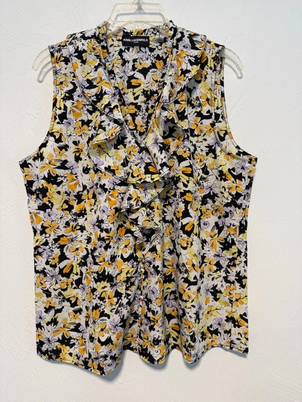 Karl Lagerfeld Sleeveless Ruffle V-Neck Floral blouse - Yellow Black White - Picture 1 of 5